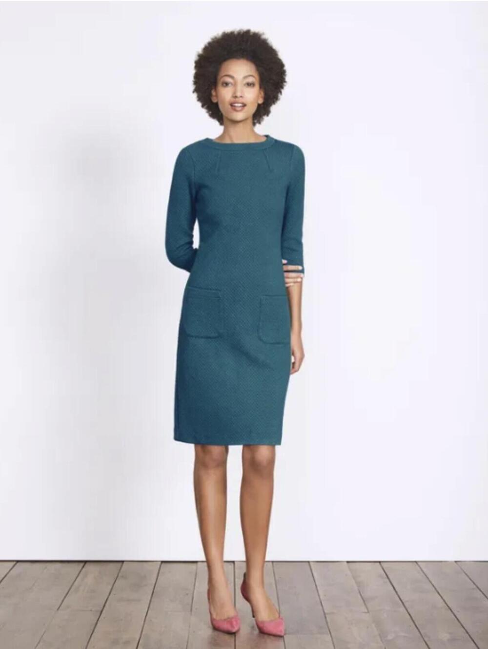BODEN Teal Marisole Jacquard Knee Length 3/4 Sleeve Dress - Size - 6 Petite